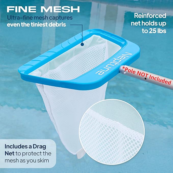 The Skimmie Neptune Net & Swim-N-Scoop Fine Mesh Pool Skimmer Nets Deep-Bag Leaf Rakes for Pools, Spas, Fountains & Cold Plunges Handheld Skimmers for Surface and Floor Cleaning. *Pole NOT Included