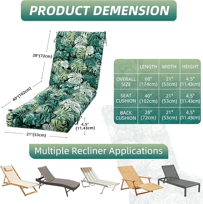 Patio Chaise Lounge Cushions, 68"x21"x4.5" Waterproof Replacement Beach Pool Lawn Outdoor Lounge Chair Cushion with Pocket, Non-Slip Bottom & Secure Ties for Outdoor Furniture, Monstera