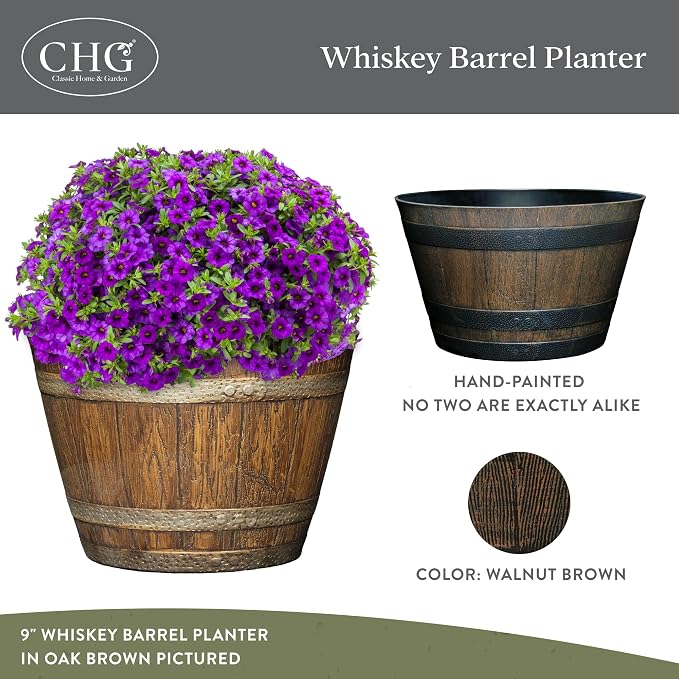 Classic Home & Garden by Growscape Whiskey Barrel Planters, Wood Finish Flower Planter Pot, Stylish Indoor & Outdoor Resin Garden Pots, Weather-Resistant Planting Pot (20.5" Kentucky Walnut, 1- Pack)