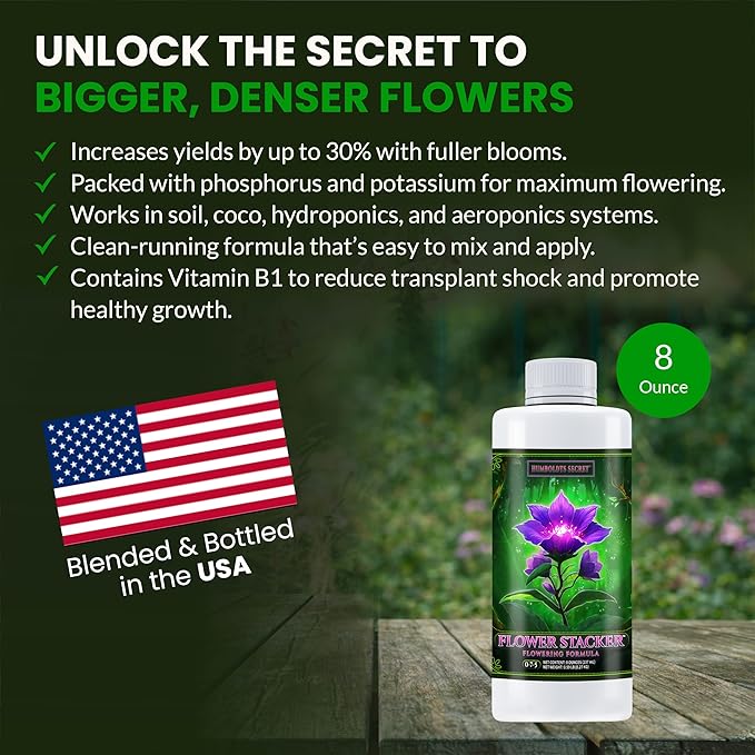 Humboldts Secret Flower Stacker | 0-7-5 Bloom Booster with Vitamin B1 | High Phosphorus Potassium Flowering Nutrients | Potting Soil Hydroponics Coco | Indoor & Outdoor Plants | 8 Ounce