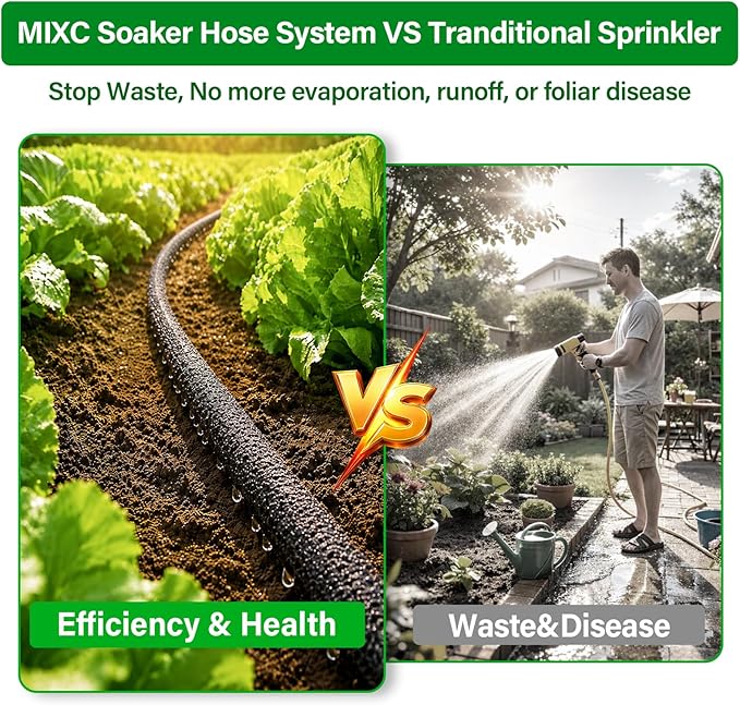 MIXC Drip Irrigation System with 100FT 1/4" Soaker Hose - 80% Water Savings, Weeping Tech for Deeper Root Watering, Garden Kit with 10FT 1/2" Tubing for Raised Beds, Vegetables, Lawn, Greenhouse