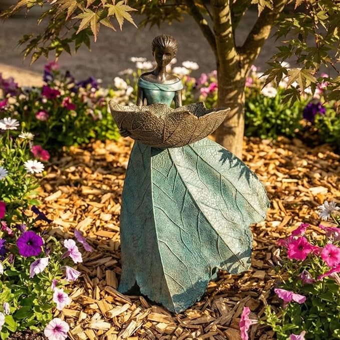 DiliComing Fairy Garden Statues Bird Feeder - 12 Inch Resin Outdoor Fairy Statue for Garden Decor, Decorative Patio Yard Lawn Flower Bed Figurine, Garden Gifts for Women (Green)