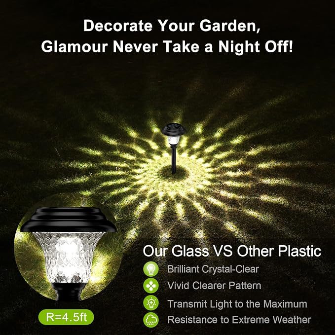 Glass Solar Lights Outdoor waterproof, 2 Pack Super Bright Solar Pathway Lights, Up to 12 Hrs Long Last Auto On/Off Garden Lights Solar Powered, Stainless Steel LED Light For Yard Landscape Cool White