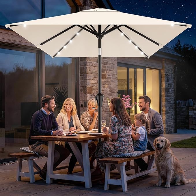 AreShark 6.5' x 10' Rectangular Patio Umbrella with Solar Lights, Solar Powered Lighted Market Umbrella w/Tilt and Crank, Outdoor Table Umbrella for Garden, Deck, Backyard, Pool, Cream-White