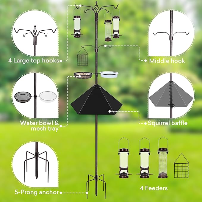 YINGYM 6-Hook Bird Feeding Station Kit, 94 Inch Heavy Duty Bird Feeder Stand Pole for Outdoors Hanging with 4 Feeders, Wide Metal Squirrel Baffle, Attracting Wild Birds
