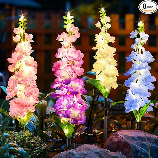 KOOPER Solar Lights Outdoor Garden Decor, 8 Pack Upgraded Delphinium Solar Garden Lights with 72 LEDs, Vivid Flowers Outdoor Waterproof for Landscape Patio Yard Decor