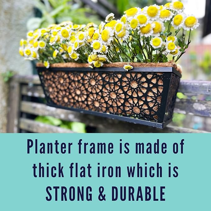 LaLaGreen Window Planter Boxes for Outdoor Plants (16 Inch, 4 Pack) Black Metal Wall Hanging Planters Deck Railing Flower Box with Coco Liners, Unique Horse Troughs Balcony Pots Patio Porch Over Rail