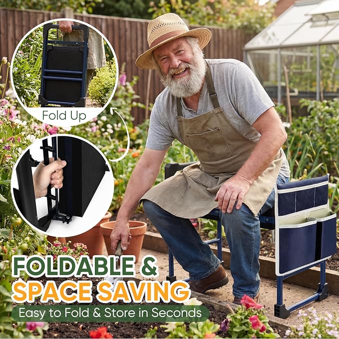 Garden Kneeler and Seat, Heavy Duty Anti-Tip Foldable Gardening Stool Bench Kneeler with Widened Thicken Kneeling Pad & Tool Bag, Gardening Gifts for Seniors, Gardeners, Women, Men, Fathers
