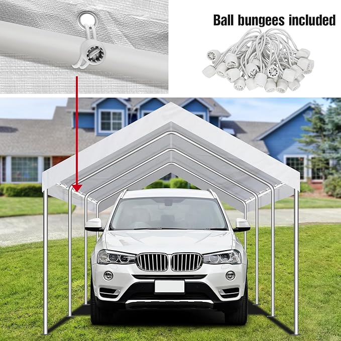 Carport Canopy 10'x20' Replacement Cover, Waterproof & UV Protected Garage Top Tarp Shelter Cover with Ball Bungee Cords, Car Cover Tent (Frame is not Included)