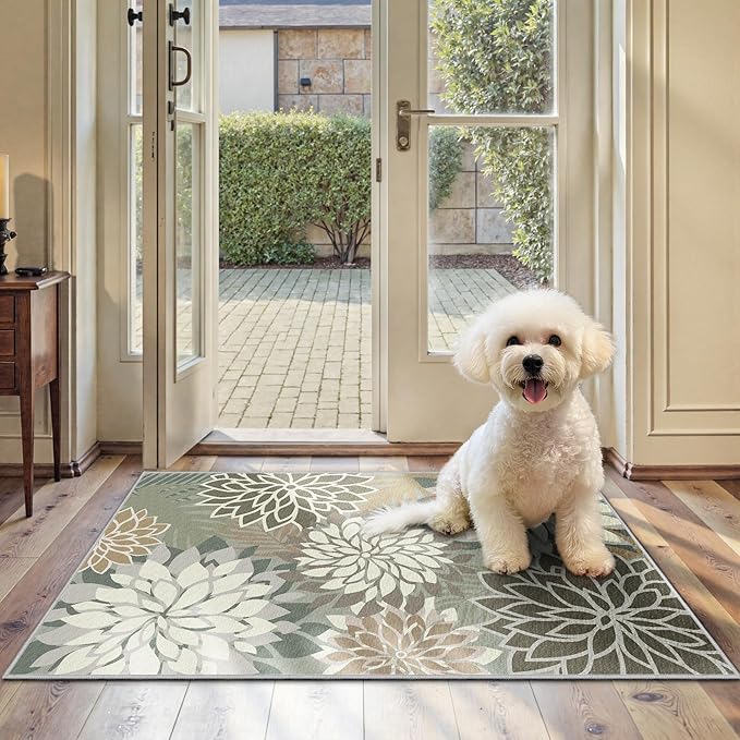 Arenarug 2x3 Washable Small Rug Tropical Botanical Modern Floral Indoor Chenille Door Mat Carpet Non Slip for Patio, Entry Way, Entrance, Porch, Taupe