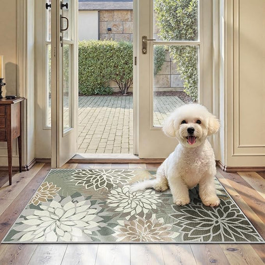 Arenarug 2x3 Washable Small Rug Tropical Botanical Modern Floral Indoor Chenille Door Mat Carpet Non Slip for Patio, Entry Way, Entrance, Porch, Taupe