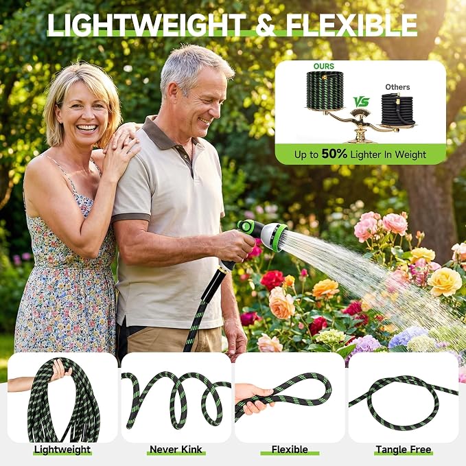 Garden Hose 75 ft Flexible Water Hose Non-Expanding Lightweight Kink-Free Hoses Durable Leak-Proof High Pressure Pipe with 3/4” Brass Fitting 10 Function Nozzle for Outdoor Yard Lawn Car Wash