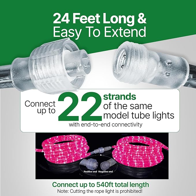 Tupkee LED Rope Light Pink - for Indoor and Outdoor use, 24 Feet (7.3 m) - 10MM Diameter - 144 LED Long Life Bulbs Decorative Rope Tube Lights