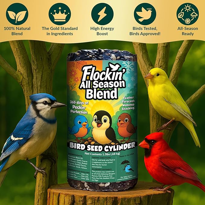 All Year Round Bird Seed Cylinders with Hole – All Season Wild Bird Food for Blue Jays, Cardinals, Doves, Finches & More – Balanced High Energy All Natural Blend, No Fillers – USA Made (4" x 7.75")