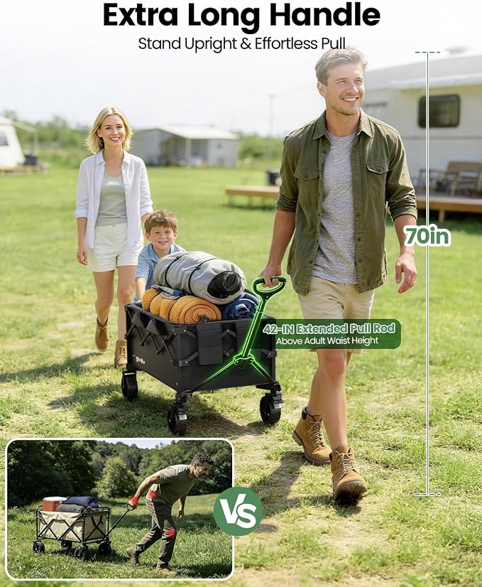 GVDV CW35 Wagons Carts Foldable, 42-Inch Extended Handle Collapsible Utility Wagon with Wheels, Shopping Cart, 330LBS Heavy-Duty Cart for Groceries, Camping, Beach, Garden, Sports