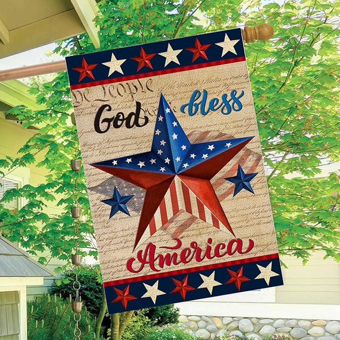 Patriotic God Bless America 4th of July House Flag 28 x 40 Inch Vertical Double Sided Blue Red Star Independence Day Memorial Day Yard Outside Décor