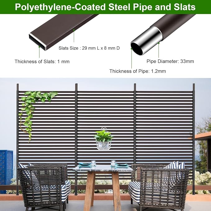 FOLLOOK Outdoor Privacy Screens Freestanding, 36" W x 71" H Overall Poly-Coating Steel Pipes and Slats, Rustproof Brown Metal Decorative Fence Panels for Outside Backyard Garden Patio Privacy Screen