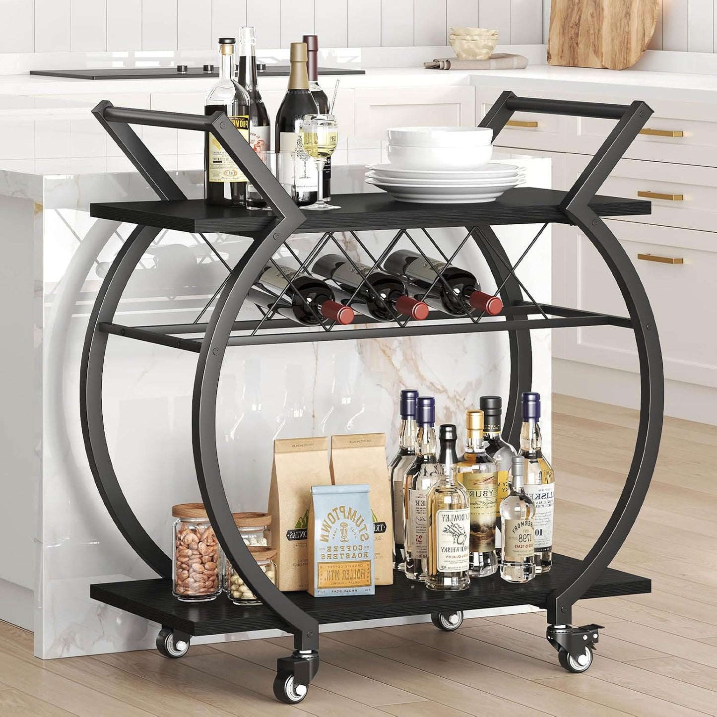 LVB Black Wine Cart with Wheels, Modern Bar Cart with Wine Rack, Industrial Beverage Rolling Kitchen Serving Cart with Storage, Metal Wooden Microwave Drink Liquor Cart for Home Dining Room, Black Oak