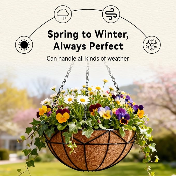 Halatool 4 Pack 16 Inch Hanging Baskets for Plants Outdoor- Metal Wire Hanging Garden Planters with Coco Liner for Outside, Empty Flower Holder Hanger Pot for Wall Patio Porch Balcony Decoration