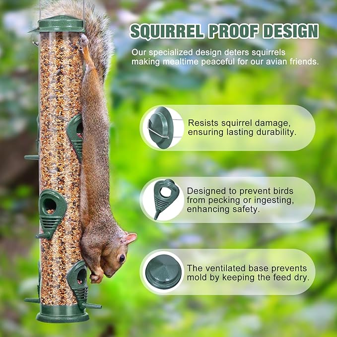 ERYTLLY Metal Bird Feeders 6 Port Tube Bird Feeder for Wild Birds, 1.4mm Extra Thick Solid Tube Transparent with Steel Hanger Bird Feeders 16.5 Inch for Outside