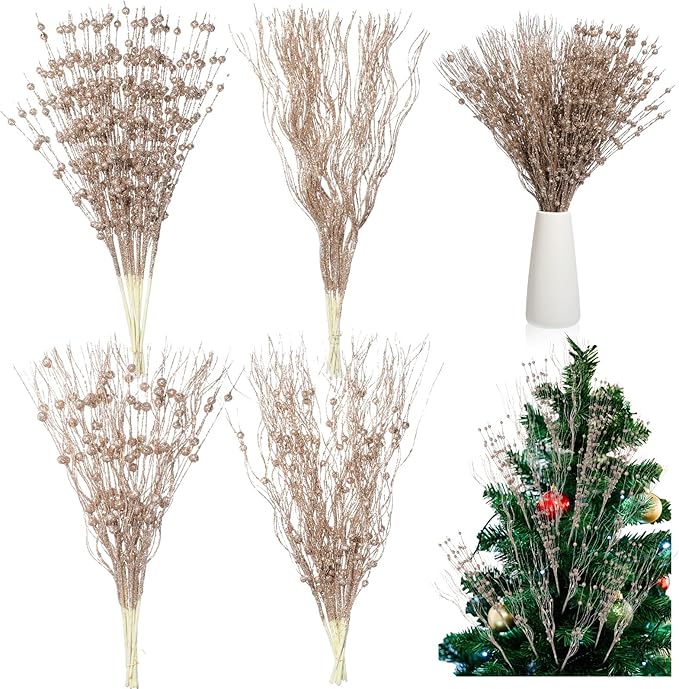 36 Pcs 17'' 15'' Christmas Artificial Glitter Berry Stems 4 Styles Xmas Decorative Tree Picks Branches Large Glittery Twigs for Christmas Tree Xmas Wreath Vase Filler(Champagne Gold)