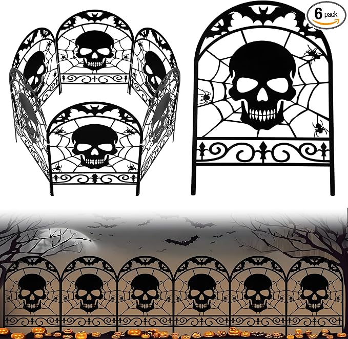 Yaocom 6 Pack Halloween Skull Fence Outdoor Decoration Spooky Graveyard Fence for Halloween Yard Party Decor, Black Metal Decorative Garden Stake Yard Sign for Lawn Porch, 16.5''h x 11.8''w