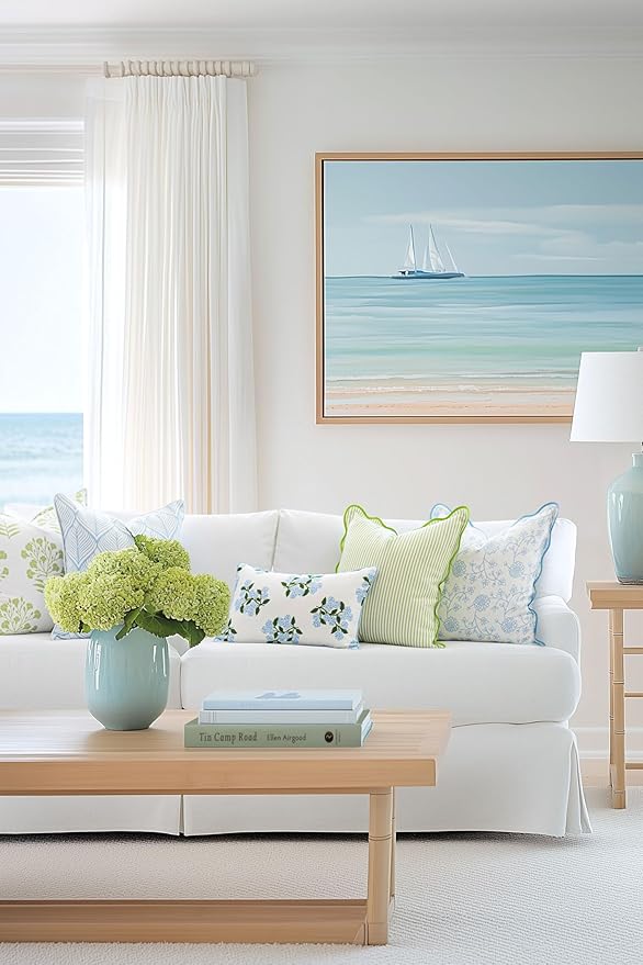Hofdeco Premium Coastal Patio Indoor Outdoor Lumbar Pillow Cover Only, 12"x20" Water Repellent for Backyard, Couch, Baby Blue Print Hydrangea Flower