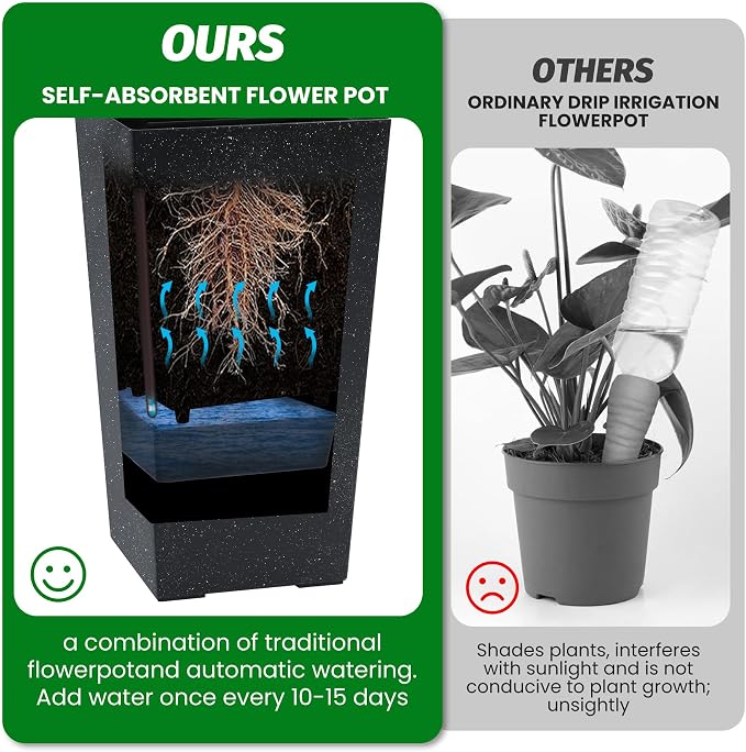 Garvee 16" Tall Planters Set of 4, Outdoor＆Indoor Black Planter Pots, High Front Porch Planter Pots with Drainage Holes＆Water Level Monitor＆Inner Bucket,Black