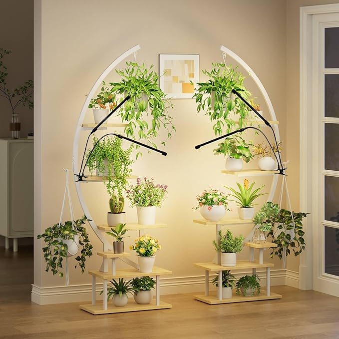 GREENSTELL Plant Stand with Grow Lights, Half Moon 7 Tiered Metal Plant Shelf , Multiple Tier Curved Ladder Flower Pot Stand Display Rack for Indoor Living Room Patio Garden Balcony White (1 Pack)