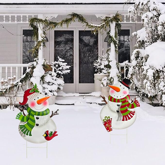 Outdoor Christmas Decorations,2 Pack Snowman Garden Stakes Decoration, Metal Holiday Yard Art, Winter Outdoor Decor, Metal Garden Lawn Decor for Xmas Pathway Patio