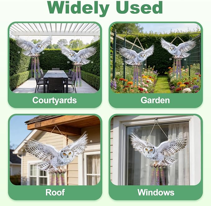 Hanging Owl Device for Outdoor Garden, 5 PCS Flat Reflective Owl with Tape and Bell to Keep Woodpecker Pigeon Away from Patio Yard Balcony Window, Weatherproof Animal Scare Decor