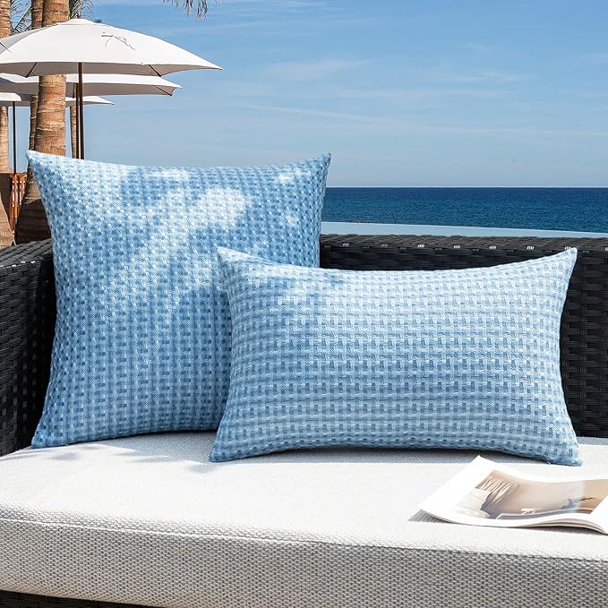 Kevin Textile Outdoor Waterproof Throw Pillow Covers Pack of 2 Weaving Texture Water Resistant Outside Decorative Cushion Covers for Garden Patio Tent Balcony Bench Couch Sofa 16x16 Inch, Light Blue