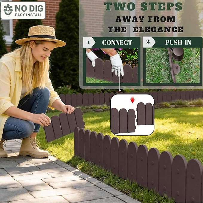 Evelyne Garden Border Plastic Edging: Wooden Fence Design - 8pcs Brown Yard Landscaping Fence Liner Lawn Edge Barrier - 10ft Kit of Decorative Lawn Panels Elements -Landscaping Edging-GMT-10374-A08