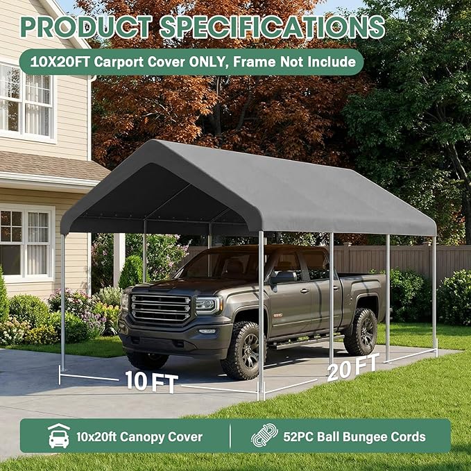 10x20FT Canopy Replacement Cover, Carport Replacement Canopy for 10' x 20' Frame, 800D Oxford Waterproof & UV Protected Tarp with Ball Bungees (Frame is not Included) (Gray)