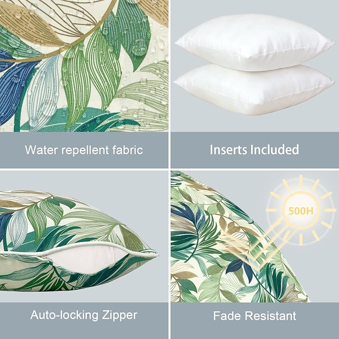 LVTXIII Outdoor/Indoor Throw Pillows, Decorative Patio Accent Pillows, Fluffy Water Repellent Garden Cushions for Home Patio Coach Sofa Use, 18×18 Inch, Pack of 2, Lush Leaf Green