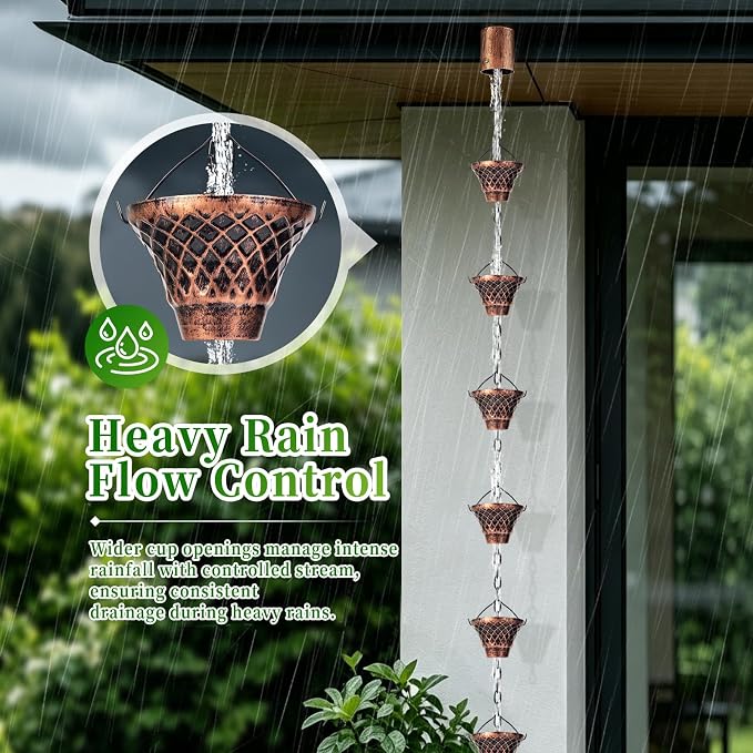 Rain Chains for Gutters Outside 8.5FT Copper Rain Catcher Chain with Adapter 12 Cups Decorative Replacement for Downspout
