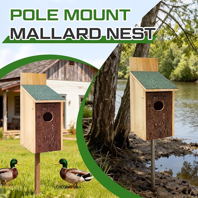 Yaocom 22.8 x 14.6 x 11.0 Inch Wooden Duck Nesting Box with Bark Door Asphalt Roof Waterproof Camouflage Duck House for Outside Tree Wall & Pole Installation