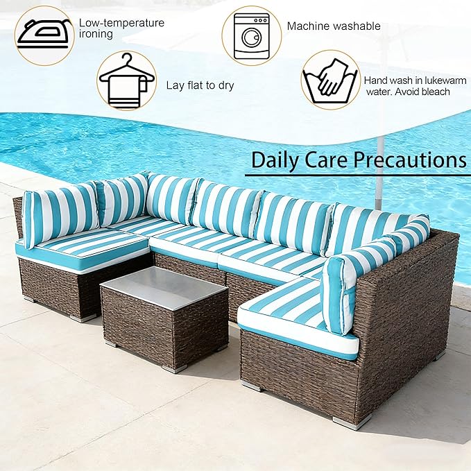Outdoor Cushion Covers for Patio Furniture, Patio Cushion Covers Replacement with Zipper, Waterproof & Fade Resistant,Only Cover (Lake Blue and White Stripes, 25.6Lx25.6Wx4H - Only Covers)