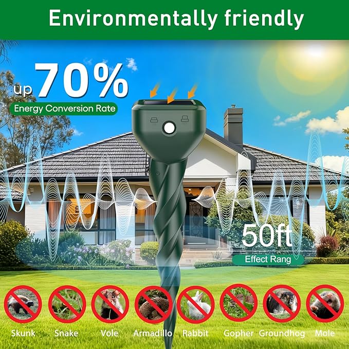 Mole Repellent Solar Powered, 8 Pack Snake & Skunk Repellent for Yard, IP 65 Waterproof Ultrasonic Deterrent Stakes, Get Rid for Rabbit, Gopher, Vole, Chipmunk, Deer, Groundhog for Lawns Garden