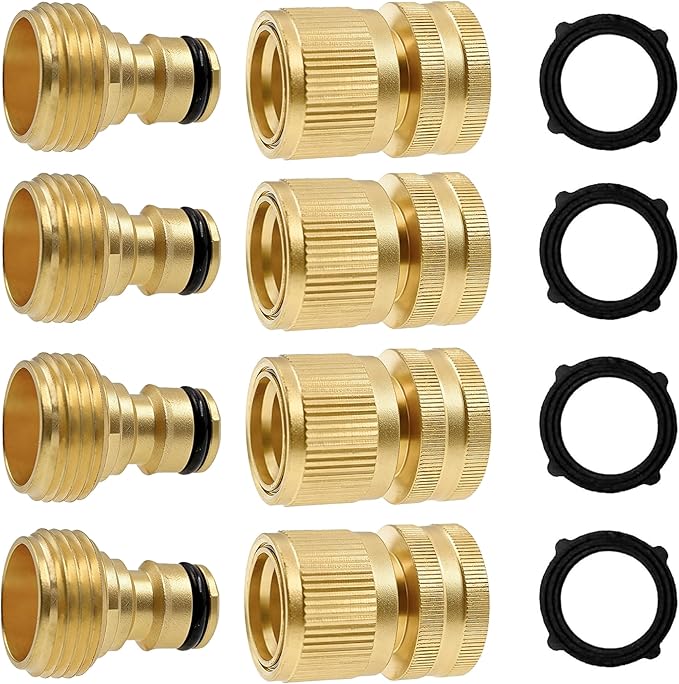 Hourleey Garden Hose Quick Connector, Solid Brass 3/4 Inch GHT Thread Garden Quick Connect Kit, Male and Female No-Leak Water Hose Fittings (4 Set)