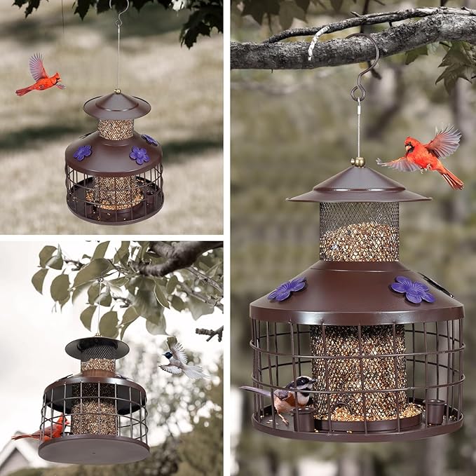 Squirrel Proof Bird Feeder with 3 Water Cups, 4.2LB Large Capacity Outdoor Hanging Bird Feeder with Metal Cage, One-Piece Design No Assembly Needed, Weather Resistant & Stylish for Garden, Yard