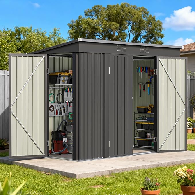 Patiowell 8x4 FT Outdoor Storage Shed, Heavy Duty Tool Metal Sheds with 3 Lockable Doors and Updated Frame Structure for Garden, Backyard, Patio, and Utility Storage, Black