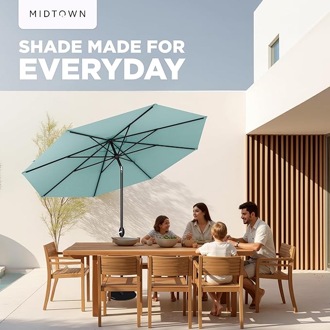 Midtown Umbrellas - 10-Year-No-Fade 8 Ft Patio Umbrella with Terylast Fabric, Auto-Tilt Aluminum Frame and 8 Reinforced Ribs for Deck, Pool, Garden & Beach - Aqua Canopy, Black Pole