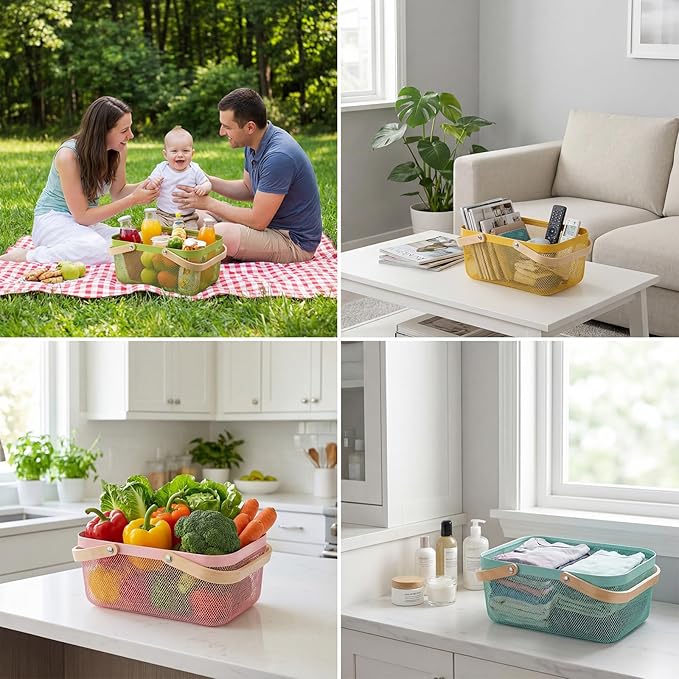 Sadnyy 4 Pcs Macaron Easter Metal Wire Storage Basket with Handle Mesh Harvest Durable Vegetables Fruit Toy Basket for Garden Organizing, Kitchen, Countertop, Closet, Bedroom (16 x 9.8 x 7.1 Inch)