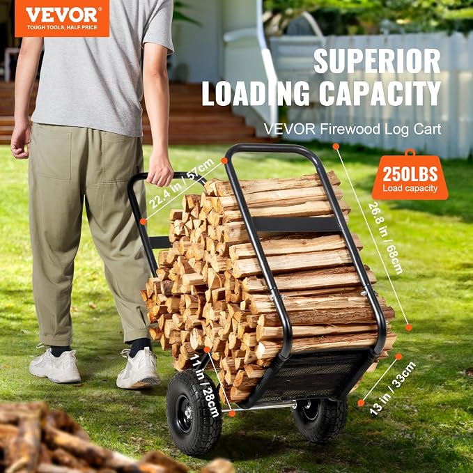 VEVOR Firewood Cart, 250 lbs Capacity, Black Heavy Duty Steel Dolly Hauler with PU Wheels & Waterproof Cover, Outdoor and Indoor Wood Rack Storage Mover, Firewood Carrier for Fireplace, Fire Pit
