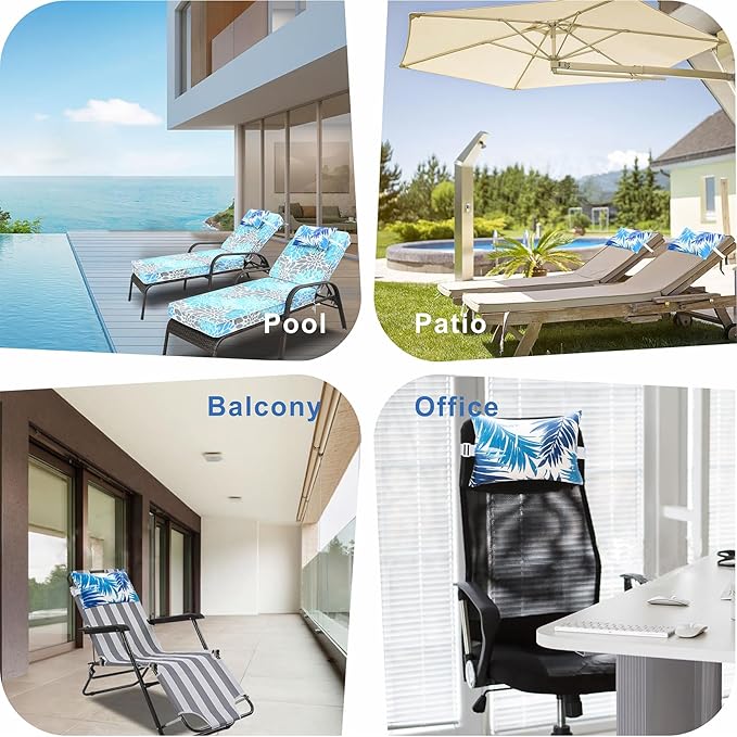 JMGBird Waterproof Chaise Lounge Pillows Set of 2-10x16 Inch White Blue Palm Leaf Outdoor Headrest Cushions with Adjustable Straps for Pool Patio Beach Chair