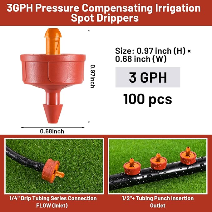 100 PCS 3 GPH Pressure Compensating Drip Irrigation Spot Dripper, High Flow Drip Irrigation Emitters Heads for Large Trees Bushes, Irrigation Drippers Parts for Orchard Large-Scale Outdoor Irrigation