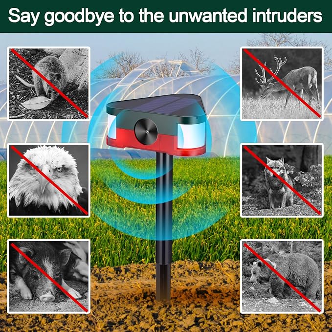 Qualirey 2 Pack 360° Solar Outdoor Motion Sensor Alarm 4 Modes Ultrasonic Animal Deterrent with 3 Loud 129dB Sirens Flashing Light Remote Control for Yard Garden Farm Repel Deer Coyote Raccoon Dog