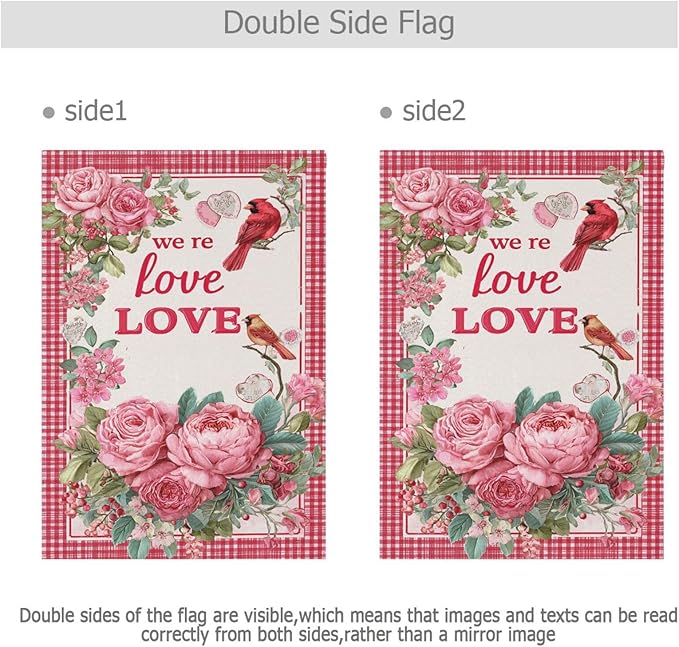 Pfrewn Valentine House Flag 28 x 40 Double Sided, Red Rose Floral Cardinal Plaid Garden Yard Flags Welcome Spring Outdoor Indoor Banner for Wedding Party Home Decorations
