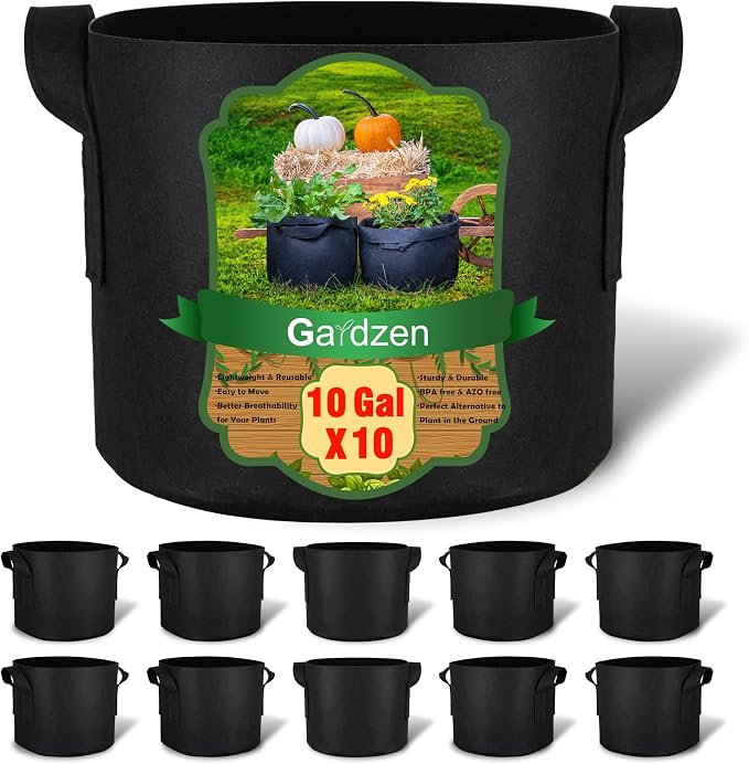 Gardzen 10-Pack 10 Gallon Grow Bags, 300G Thickened Fabric Grow Bags with Handles, Heavy Duty Aeration Plant Grow Bags